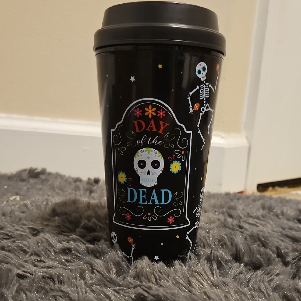 Day of the Dead Black Travel Tumbler - Decorative Skull Design